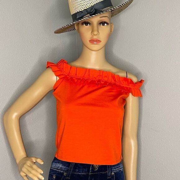 Guess Orange Ruffled Off Shoulder Croptop Size Small - Picture 1 of 12